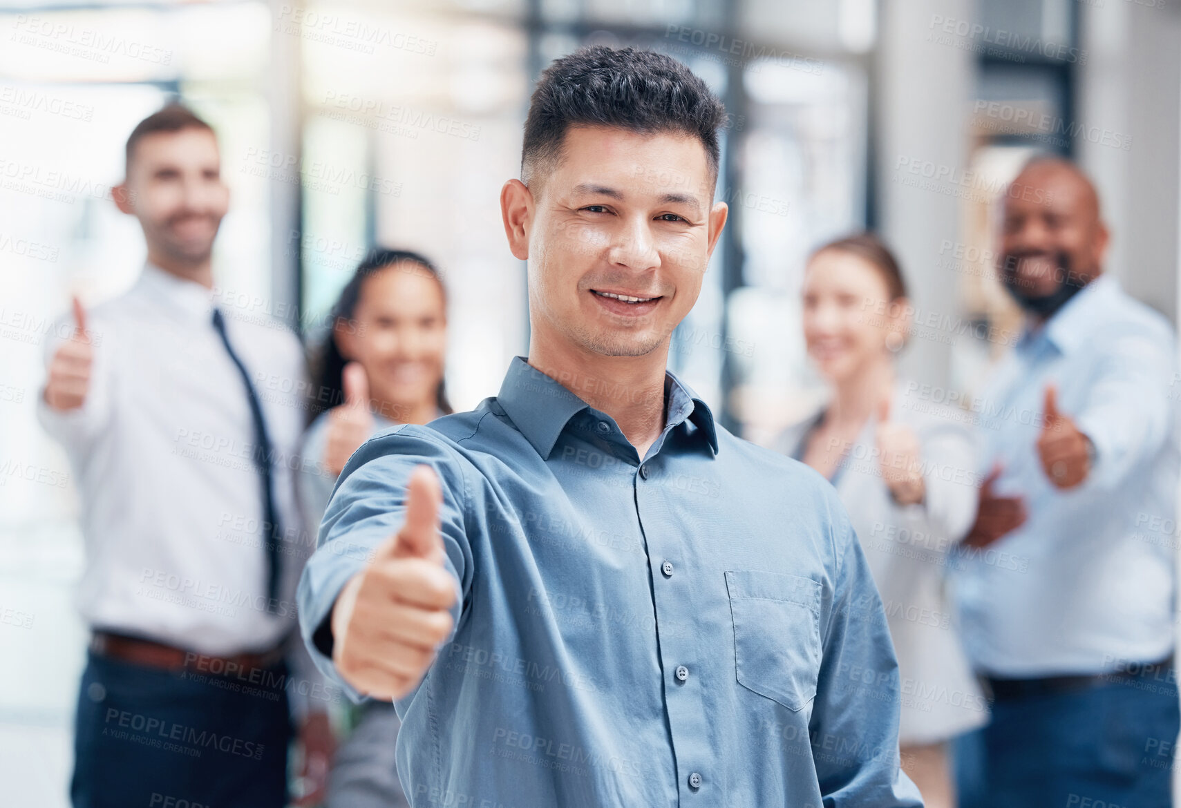 Buy stock photo Smile, thumbs up and business people in portrait at startup with confidence, pride and project management company. Teamwork, commitment and vision, happy team with yes hand sign in corporate office.