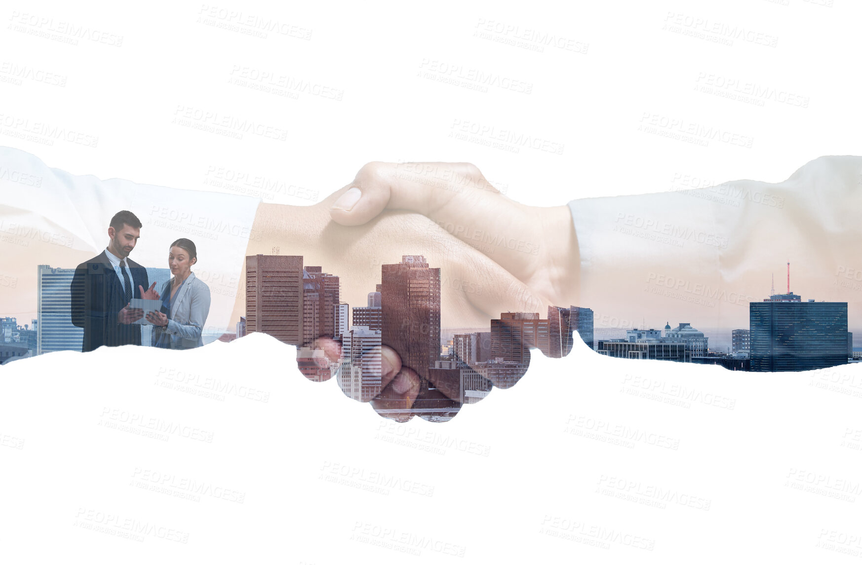 Buy stock photo Business handshake, city and double exposure with team for deal, negotiation and success in company. Urban, businesspeople and gesture with hands for partnership, developers and contract agreement