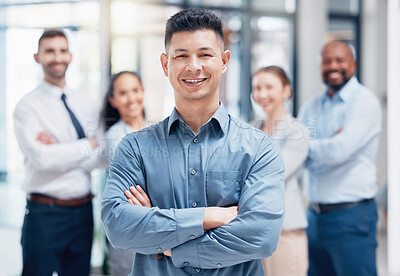 Buy stock photo Smile, business people in portrait with arms crossed and boss at startup with confidence and pride. Teamwork, commitment and vision for happy team with man in leadership in project management office.
