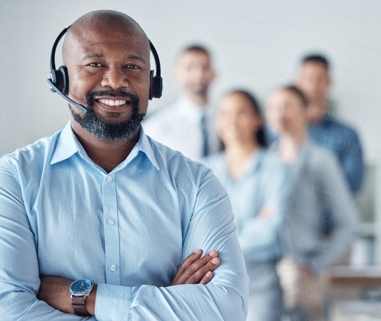 Buy stock photo Black man, arms crossed with callcenter and customer service, smile in portrait with leadership and communication. Contact us, CRM and help desk, happy male agent and team leader with mockup space
