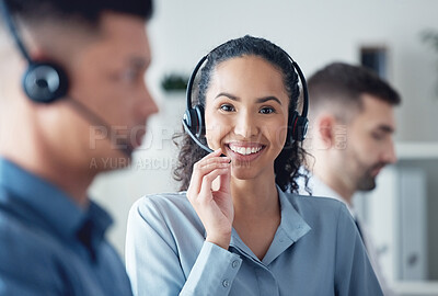 Buy stock photo Happy woman in portrait, callcenter and headset with CRM, communication with technology and contact us. Customer service, telemarketing or tech support, female consultant with smile and help desk 