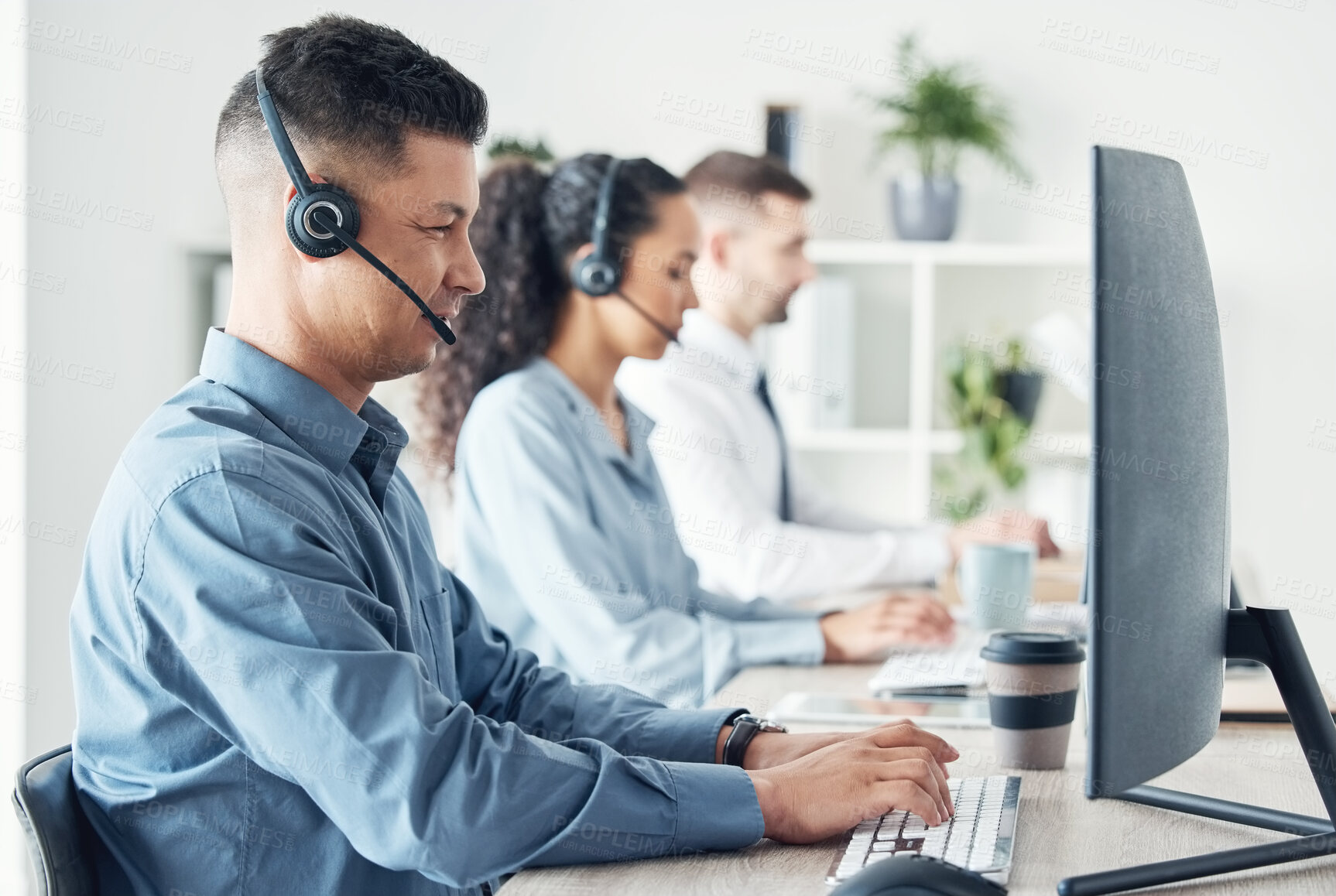 Buy stock photo Typing, call center and people with headset, computer and man with colleagues, coworking and support. Desk, online and research for question, inquiry and customer service in office and telemarketing