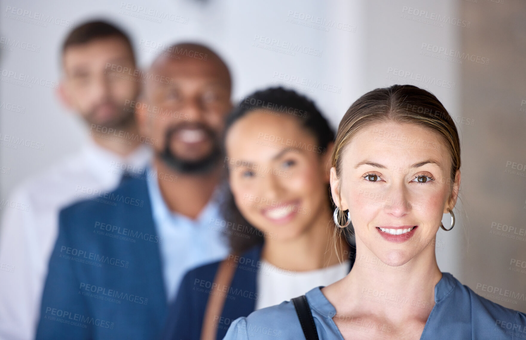 Buy stock photo Female leader, business people and workplace with portrait for corporate or management, smile for company with finance. Group, diversity and face for accounting staff in office with happiness