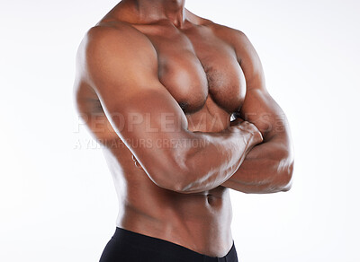 Buy stock photo Studio, shirtless and body of black man with arms crossed, muscular and wellness with pride of guy. Male model, benefits and results of fitness with transformation, confidence and white background