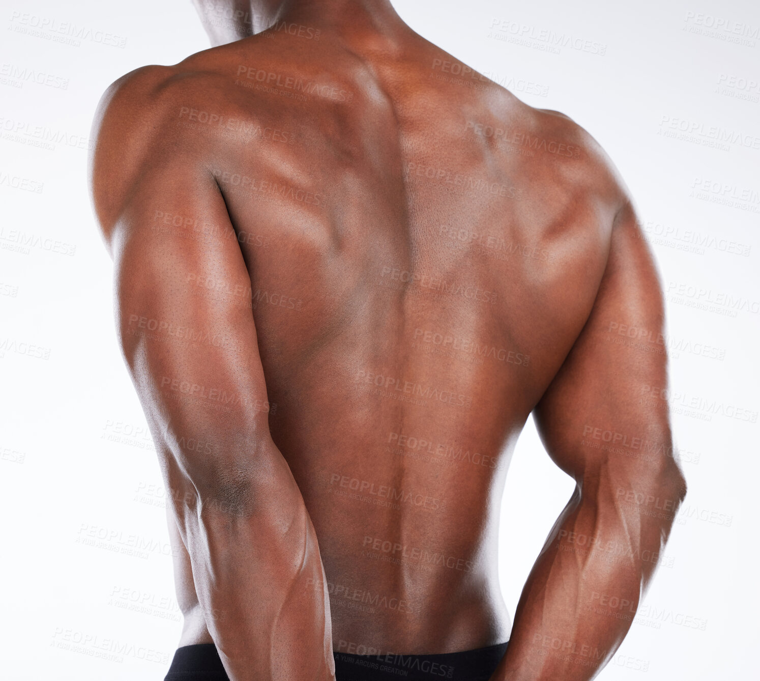 Buy stock photo Back view, topless athlete or black man with muscle in studio for health or pose on white background. Bodybuilder, closeup or strong African person ready for training performance or fitness workout