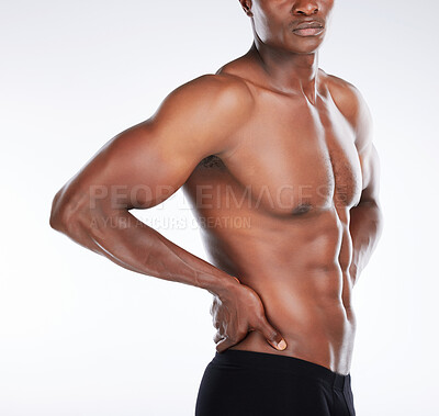 Buy stock photo Black man, topless and muscle with abs, fitness and bodybuilder on white studio background. African person, healthy guy and model with body, torso and stomach with confidence, athlete and aesthetic