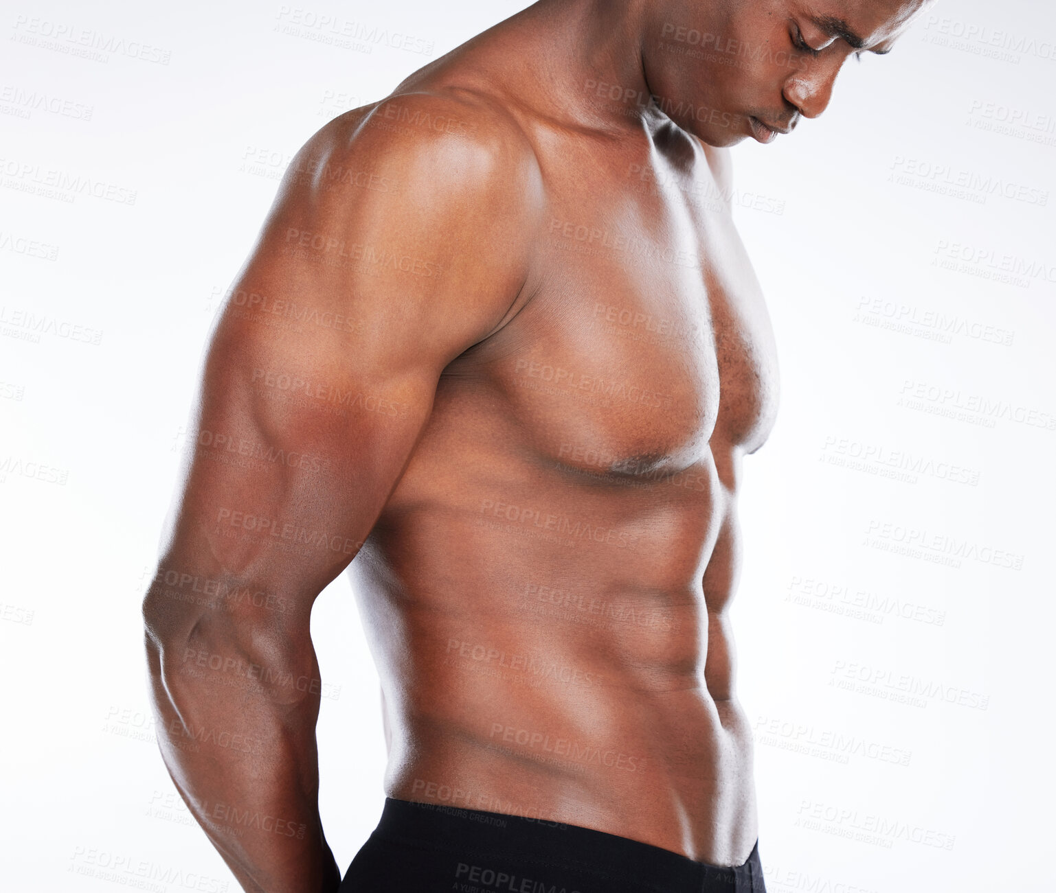 Buy stock photo Black man, shirtless and muscular with abs, biceps and wellness on white studio background. African person, healthy guy and model with fitness, strong or stomach with confidence, macho or bodybuilder