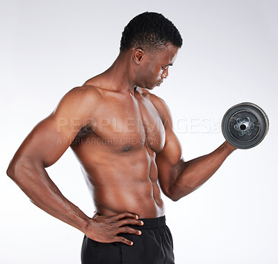 Buy stock photo Studio, black man and training with dumbbell for bicep, strong arm and muscle power with fitness. Bodybuilder, workout and exercise with weight lifting, heavy equipment and pride by white background