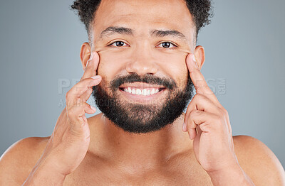 Buy stock photo Skincare, black man and hands with studio portrait for detox, dermatology and pride. Male model, wellness and grooming or facial treatment by gray background for results, anti aging or clear skin