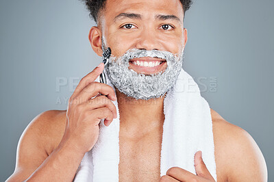 Buy stock photo Man, portrait and shaving cream for depilation in studio, foam and grooming on gray background. Male person, soap and cosmetics tool for hair removal, beauty and razor for facial treatment or hygiene