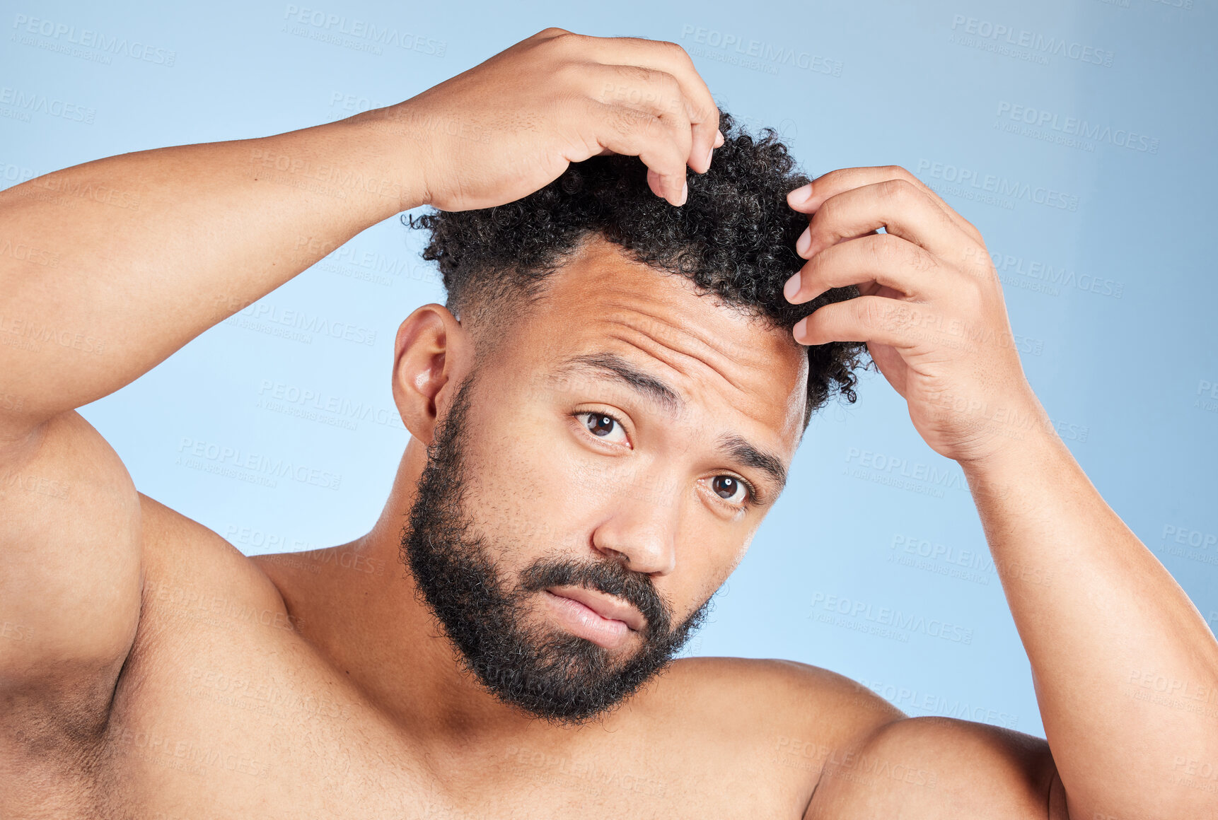 Buy stock photo Beauty, touch and man in studio for hair care, cleaning or morning routine isolated on blue background. Hairstyle cosmetics, grooming or model at barbershop salon for, treatment, wellness or natural