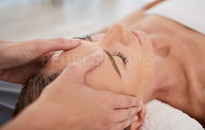 Buy stock photo Spa, relax and hands with a head massage for facial wellness, luxury therapy and sleep. Skincare, health and a masseuse massaging temple of a woman at a salon for reflexology and acupressure