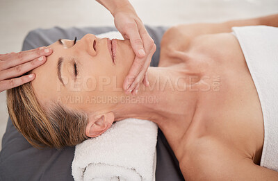 Buy stock photo Relax, spa and woman with skincare, massage and wellness with grooming, stress relief and peace. Female person, mature lady and client on a bed, salon treatment and luxury with body care and resort