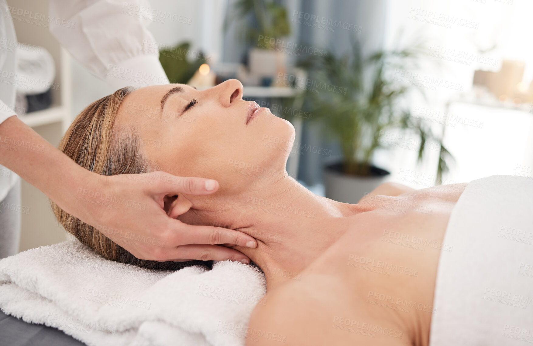 Buy stock photo Relax, spa and woman with a massage, wellness and pamper treatment with grooming, stress relief or self care. Female person, mature lady or customer with luxury, resort or peace with physical therapy