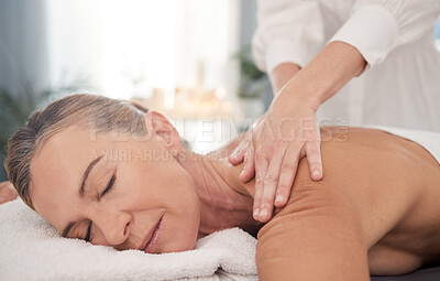 Buy stock photo Relax, hand of masseuse and woman with massage for treatment, pamper or stress relief on bed. Body, spa and person with mature client for back therapy, muscle tension or natural healing at resort