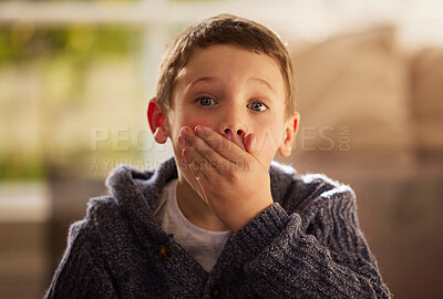 Buy stock photo Portrait of a cute little boy reacting to something surprising while sitting on a sofa at home