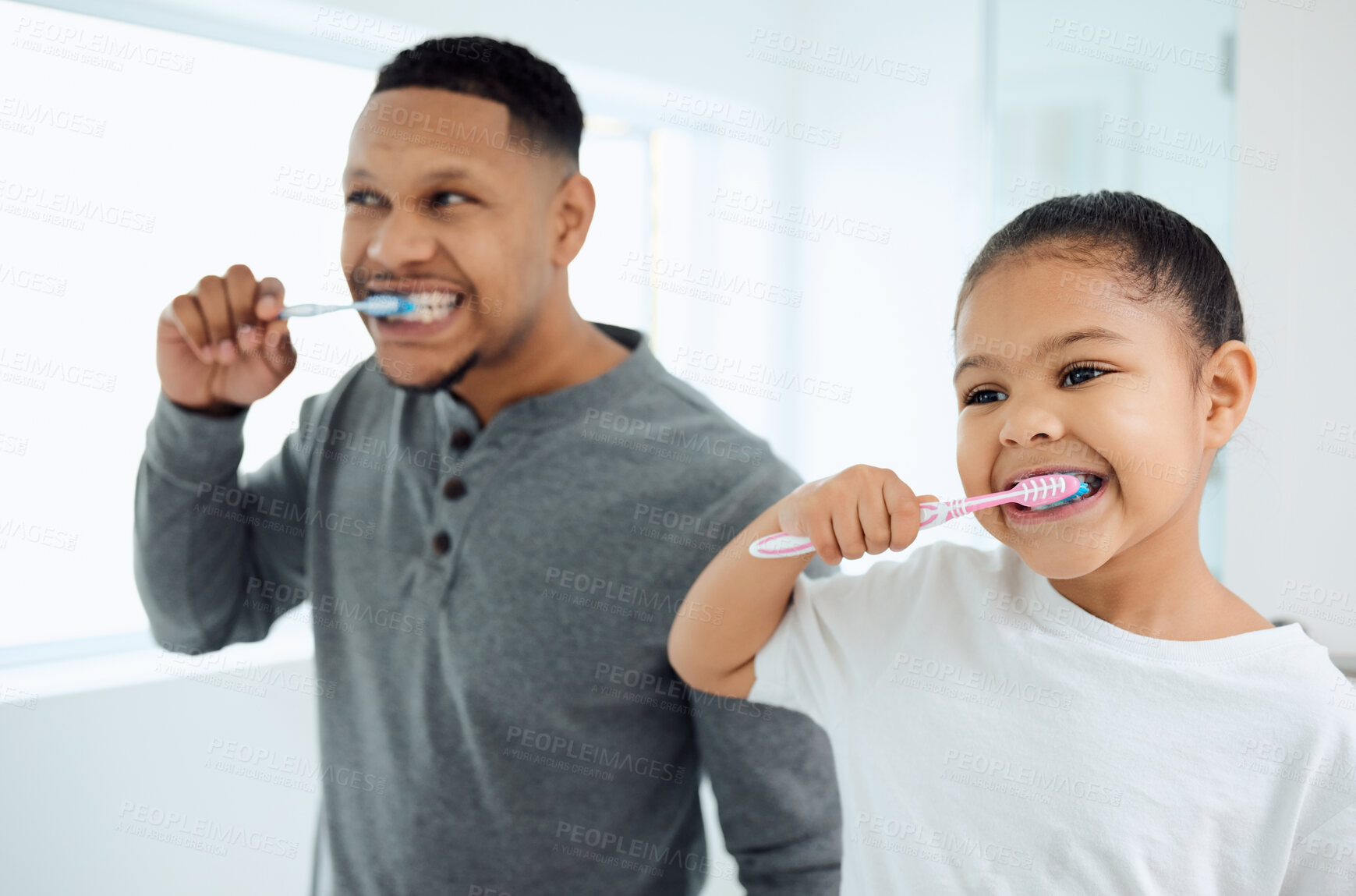 Buy stock photo Family, girl and father brushing teeth, home and oral hygiene with happiness, learning and development. Love, dad or daughter in a bathroom, dental care or female child with fresh breath and wellness