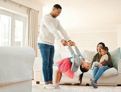 Buy stock photo Man, dancing and child with support at house for teaching on feet, ballet lesson and energy of fantasy performance. Happy, family and father with girl holding hands for talent, playful fun and love