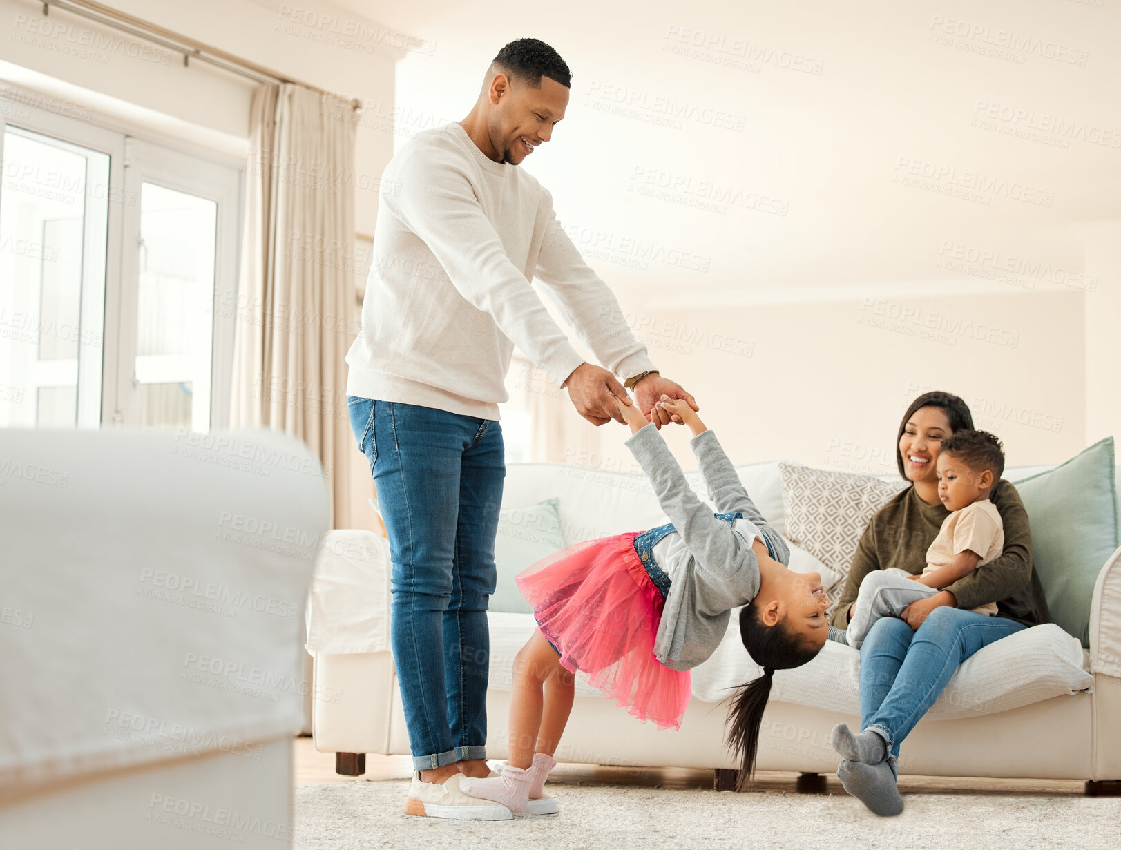 Buy stock photo Man, dancing and child with support at house for teaching on feet, ballet lesson and energy of fantasy performance. Happy, family and father with girl holding hands for talent, playful fun and love