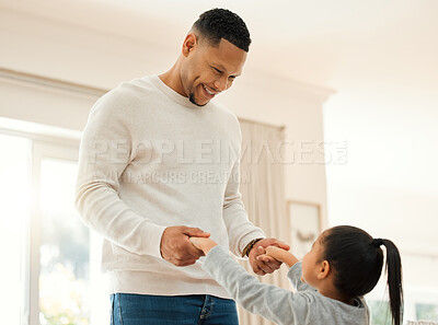 Buy stock photo Dad, daughter and holding hands in dance in home together with love, bonding and care with smile. Family. dancer and proud father with girl child in living room for movement, celebration or happiness