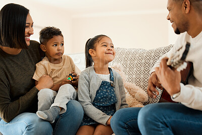 Buy stock photo Happy, parents and kids play with instrument for teaching music, artist learning and guitar bonding in living room. Smile, family and father as musician for string activity, creativity and house love