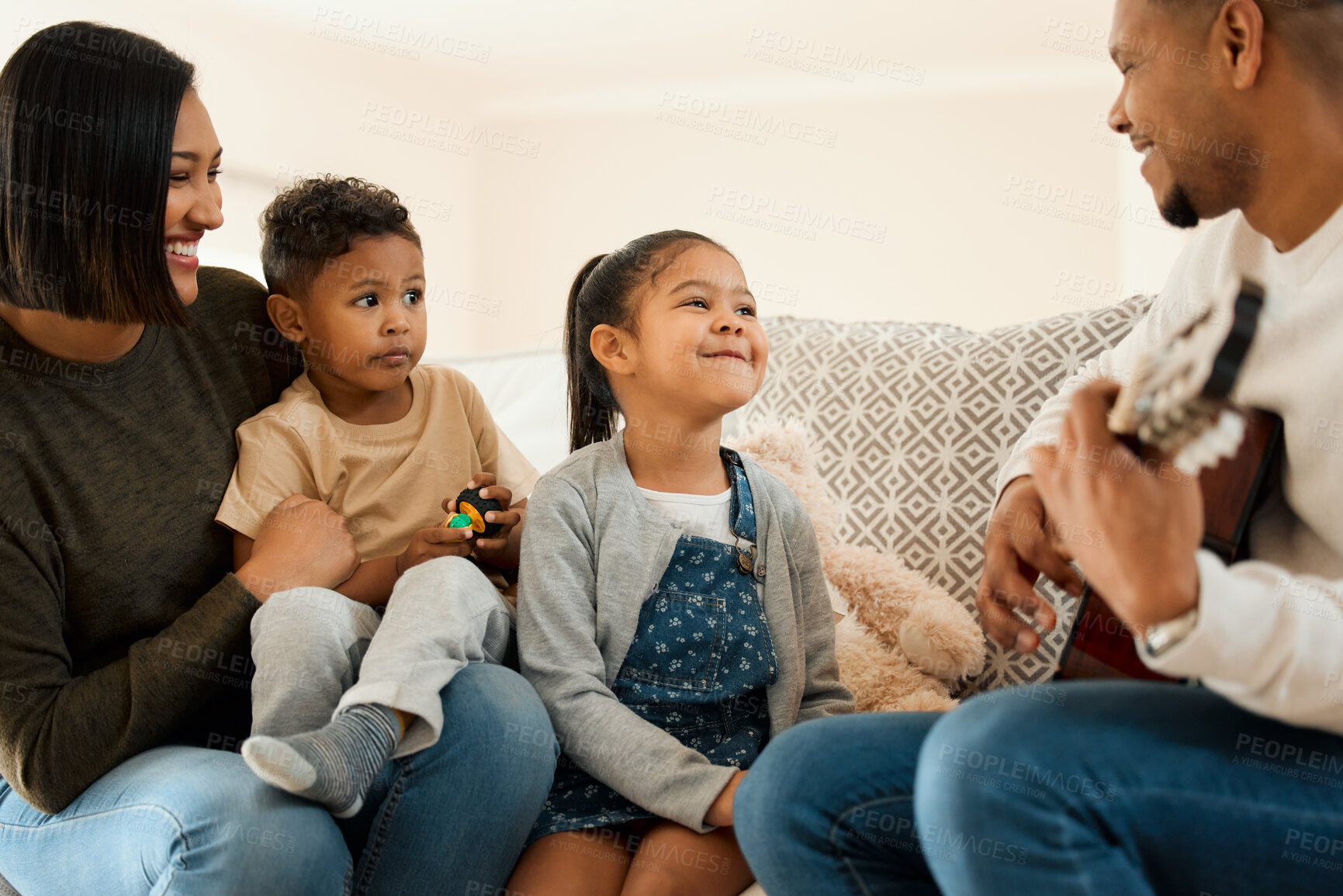 Buy stock photo Happy, parents and kids play with instrument for teaching music, artist learning and guitar bonding in living room. Smile, family and father as musician for string activity, creativity and house love