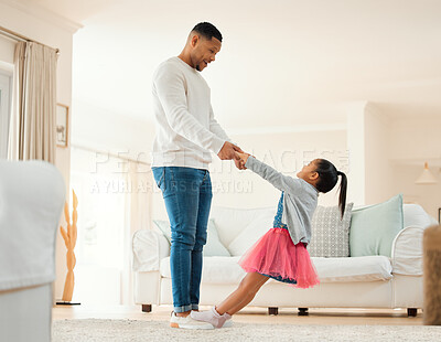 Buy stock photo Father, child and dancing with support at house for teaching moves, ballet lesson and energy of fantasy performance. Happy, man and girl holding hands for for talent, playful bonding and love growth