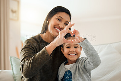 Buy stock photo Home, portrait and mother with girl, heart hands and support with peace, like and kindness. Face, happy family and mama with daughter, kid and childhood with symbol for love, sign and icon with emoji