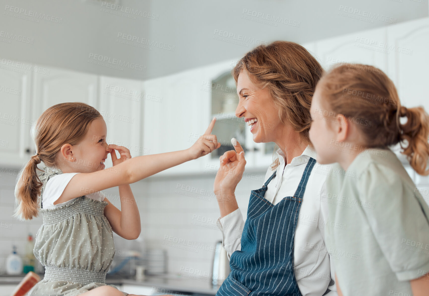 Buy stock photo Family, happy and children with playful, learning and home kitchen for pastry or dessert cake mixing ingredients. Teaching, grandmother and help cooking kids baking pudding, cookies or bakery recipe