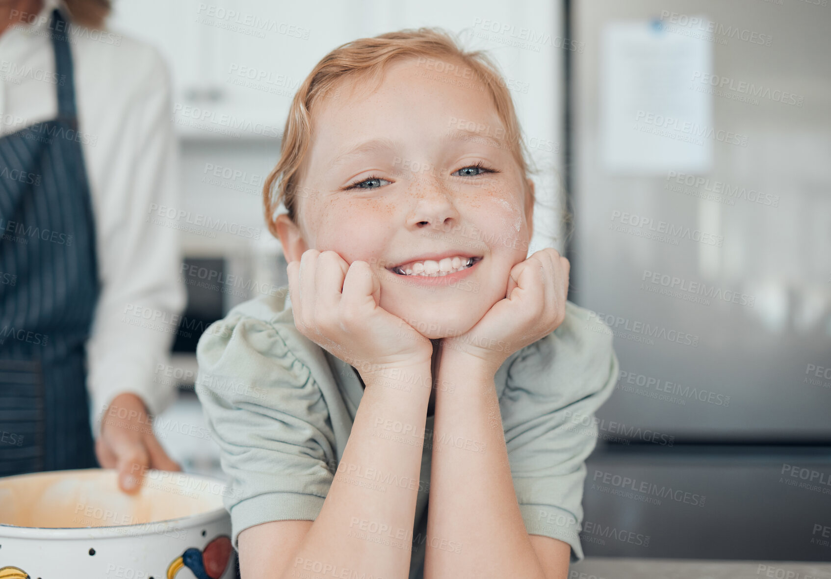 Buy stock photo Girl, child and portrait in kitchen for baking or culinary activities for teaching, growth and development. Female kid, grandmother and together in home for cooking, helping and happy for learning.