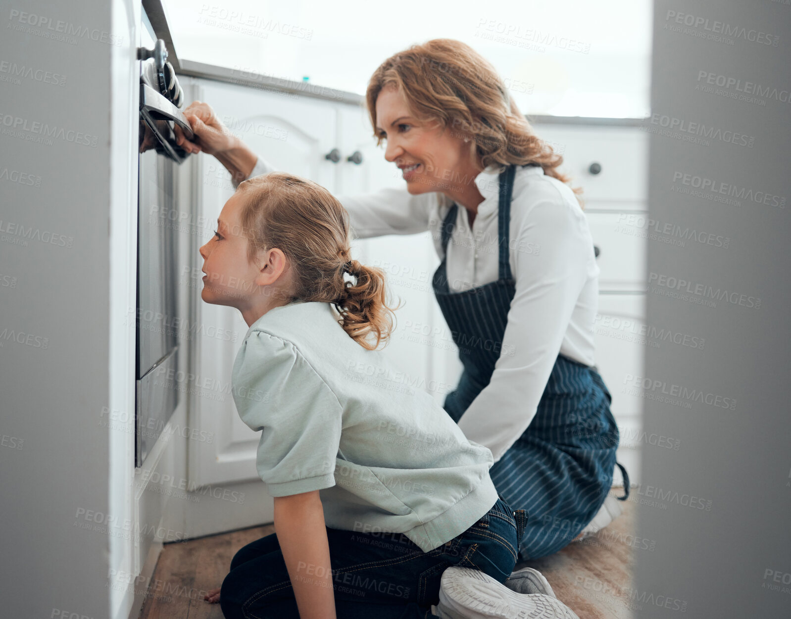 Buy stock photo Oven, baking and grandmother with girl, bake and teaching with ingredients, bonding together and help. Family, home and granny with equipment, happiness and excited for dessert, kitchen and learning