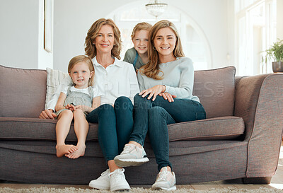 Buy stock photo Full length shot of two adorable little girls bonding with their mother and grandmother at home
