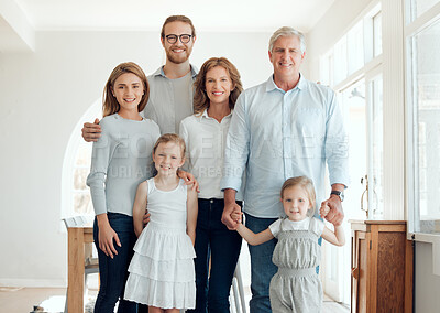 Buy stock photo Portrait of a family with their grandparents bonding together at home