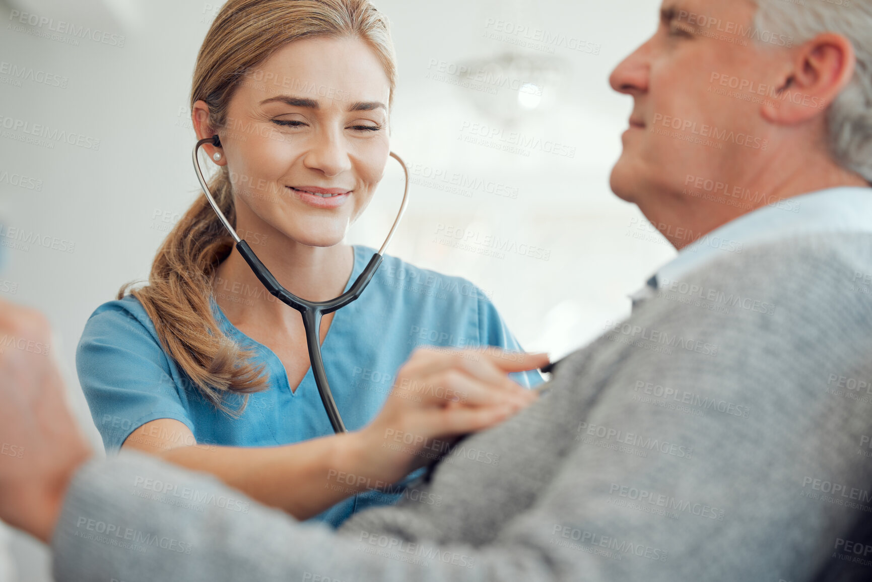 Buy stock photo Woman, nurse and checking heart beat with patient for healthcare, checkup or support at old age home. Female person, medical volunteer or caregiver with stethoscope on elderly man for health exam