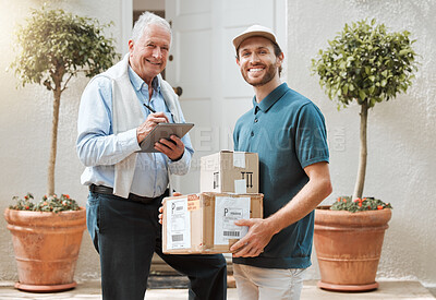 Buy stock photo Portrait of a courier making a delivery to a senior man at his home