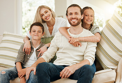 Buy stock photo Home, happy kids or portrait of family with parents on sofa for love, care or boy bonding with girl. Face, mother and father with children on couch or siblings hug for support in living room together