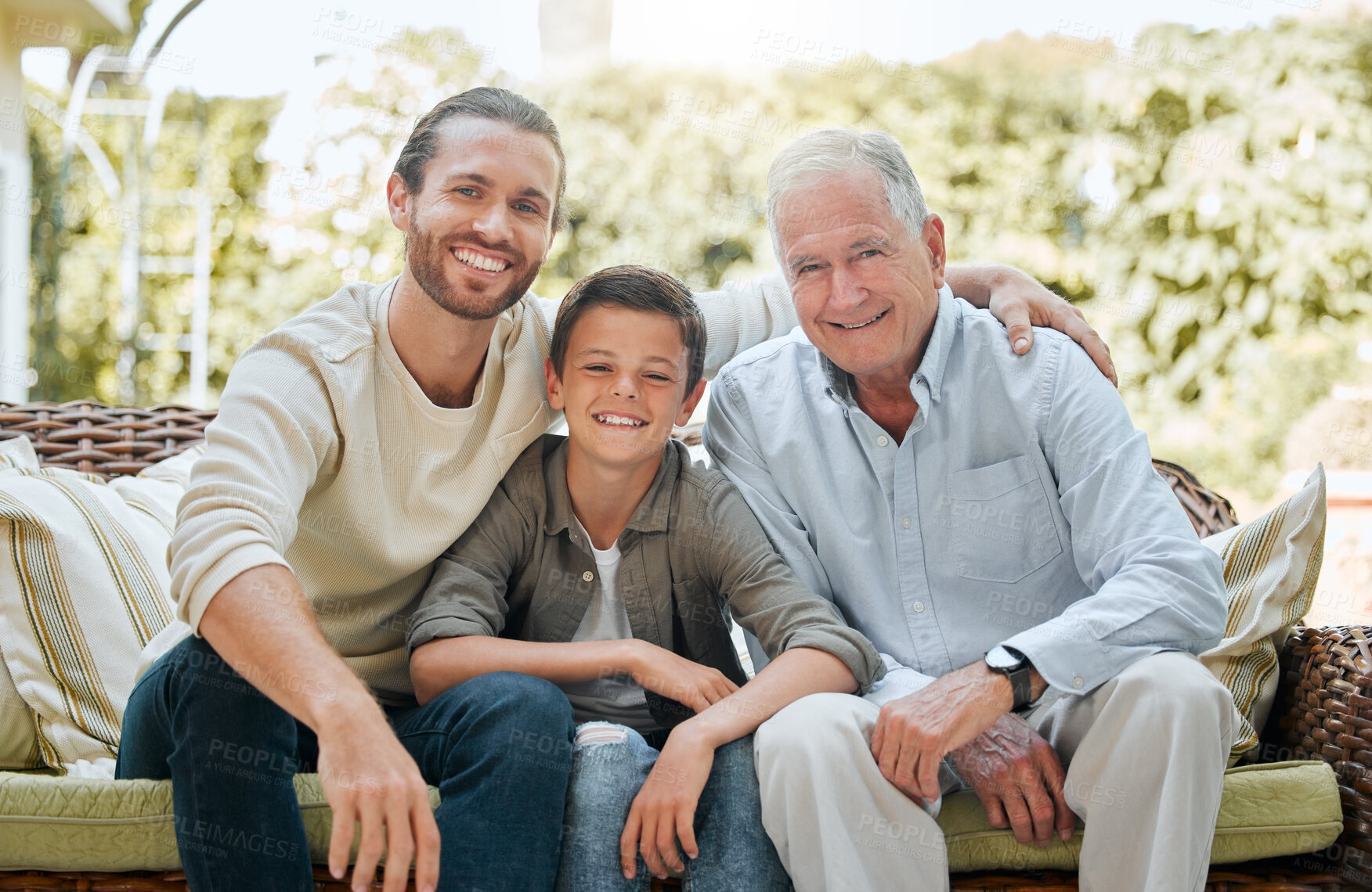 Buy stock photo Family, men or child in portrait for generations, love or visit to retirement home with smile. Grandpa, dad or son on patio sofa for weekend relax, joking or happy for storytelling with laugh or fun