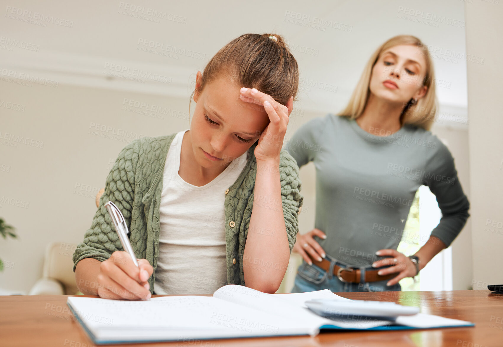 Buy stock photo Girl, homework and frustrated mother in home for project deadline, learning discipline and headache of pressure. Education, woman and daughter with books in living room for struggling with studying