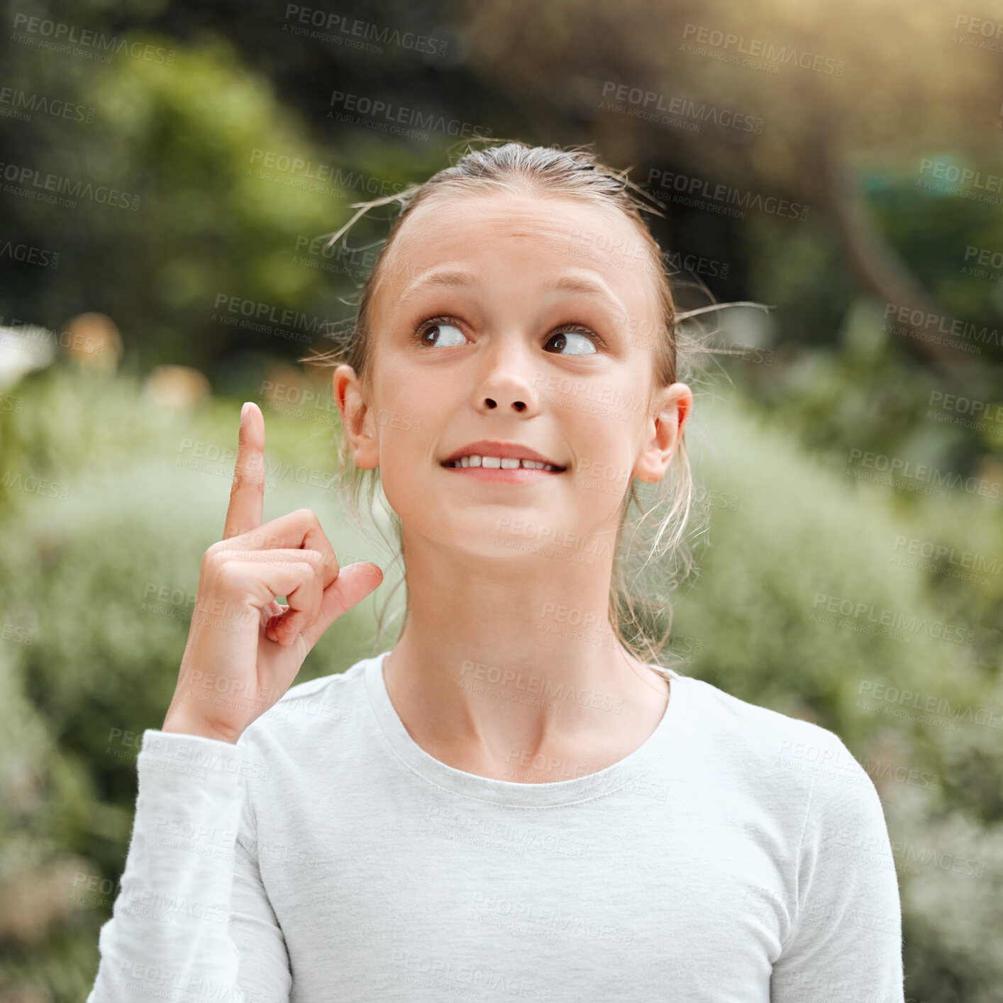 Buy stock photo Child, girl and thinking with idea, excited and decision for playful, fun and joy in garden or backyard. Female person, pointing up and hand gesture for creative, solution and happiness in Australia