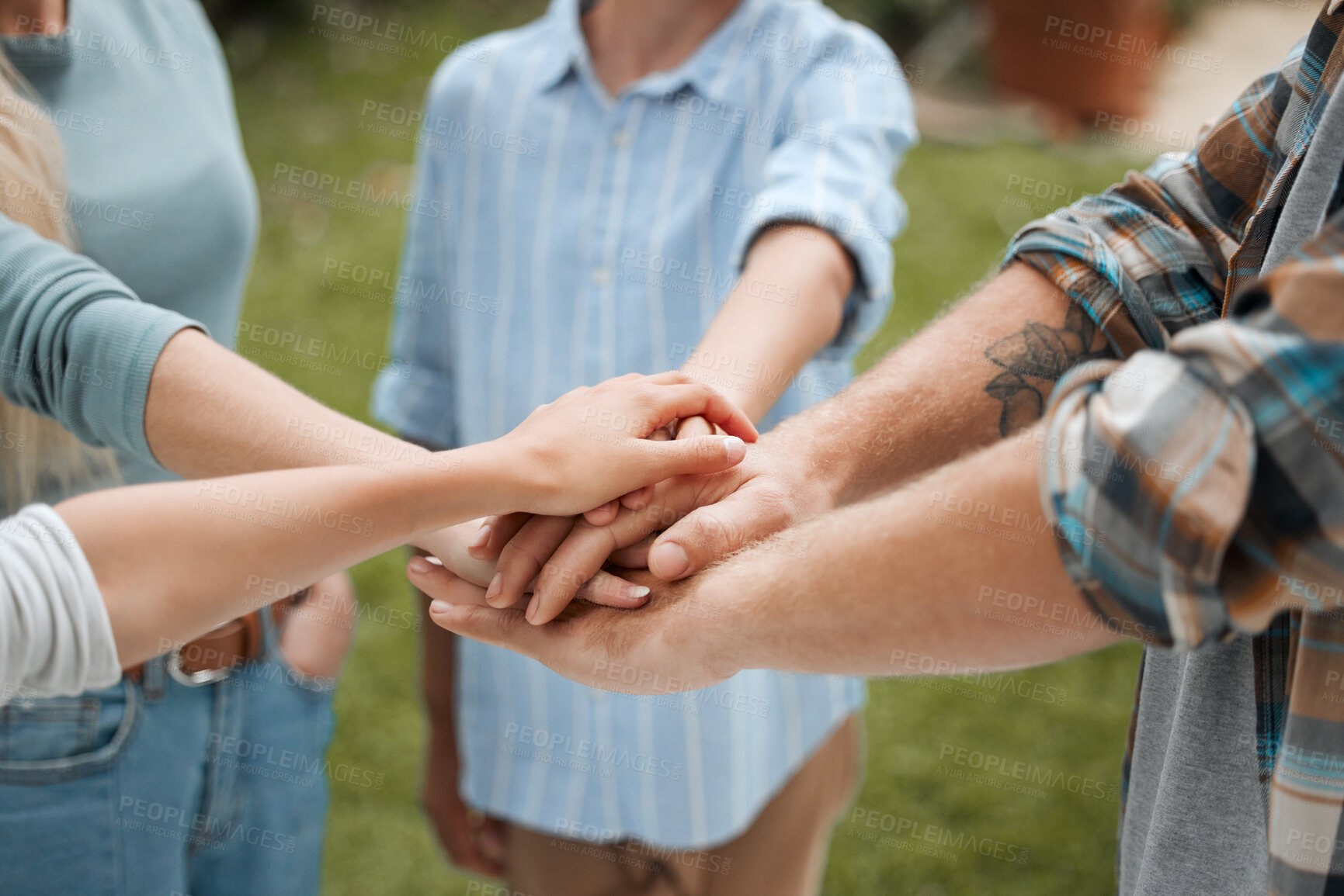 Buy stock photo Volunteers, support and hands pile in park, motivation and teamwork for social responsibility. People, collaboration and solidarity for community service, non profit outreach and agreement in outdoor