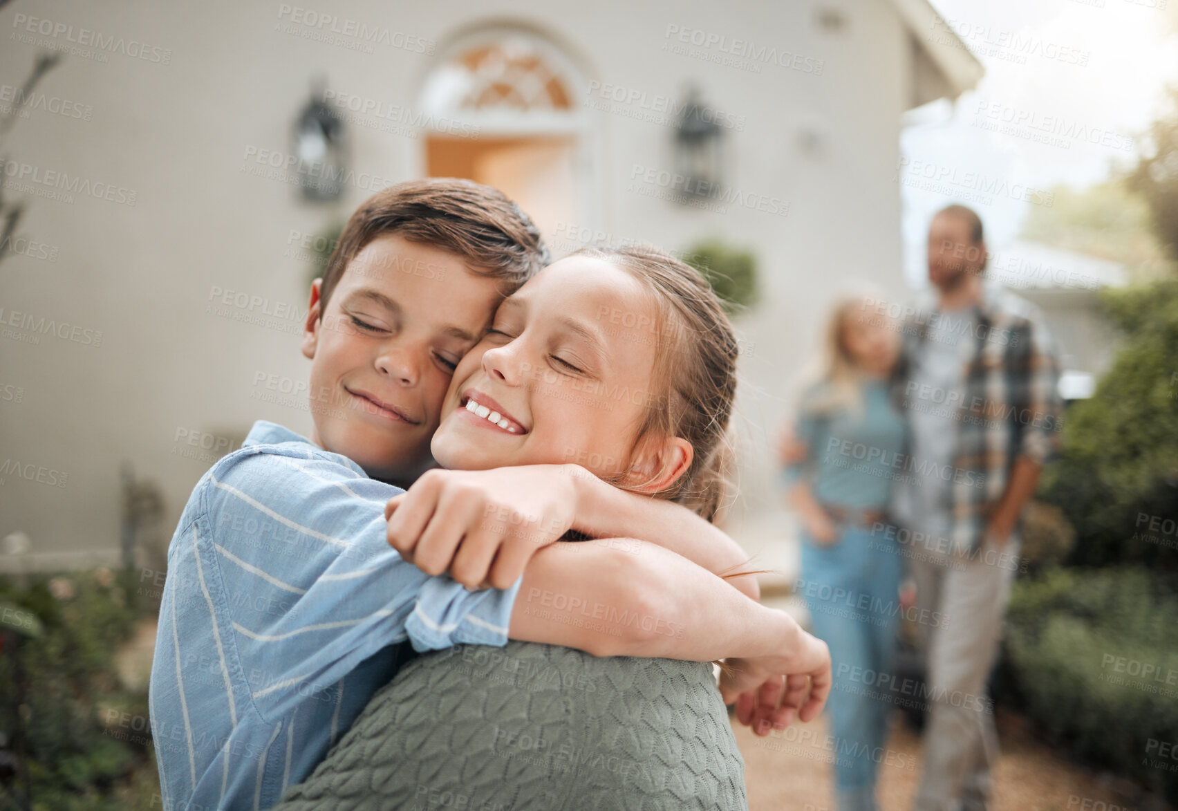 Buy stock photo Children, hug and eyes closed with smile, excited and together for playful, fun and joy in garden or backyard. Girl, boy and embrace as family for bonding, love or support with happiness in Australia