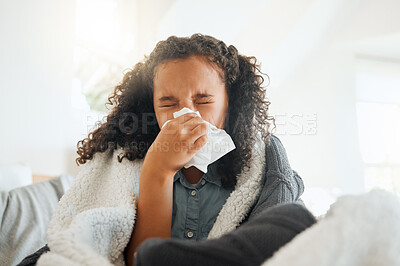 Buy stock photo Little girl, sick and blowing nose with tissue for virus, cold or flu from allergy, symptoms or infection at home. Female person, child or kid with blanket for influenza, sneeze or fever from sinus