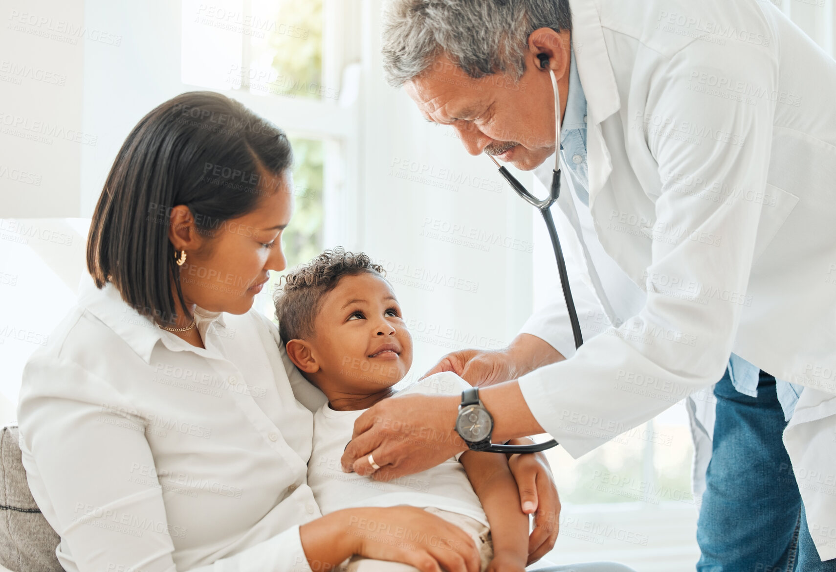 Buy stock photo Mother, child and doctor with checkup for heart beat, exam or test on health, flu or symptoms at home. Mom, kid or son with cardiologist for consultation, medical care or visit on pulse rate at house