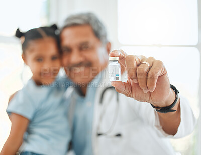 Buy stock photo Happy doctor, child and cure with vial for vaccine, medicine or antiobiotic at hospital. Closeup, hand or medical employee with kid, little girl or small bottle for vaccination or injection at clinic