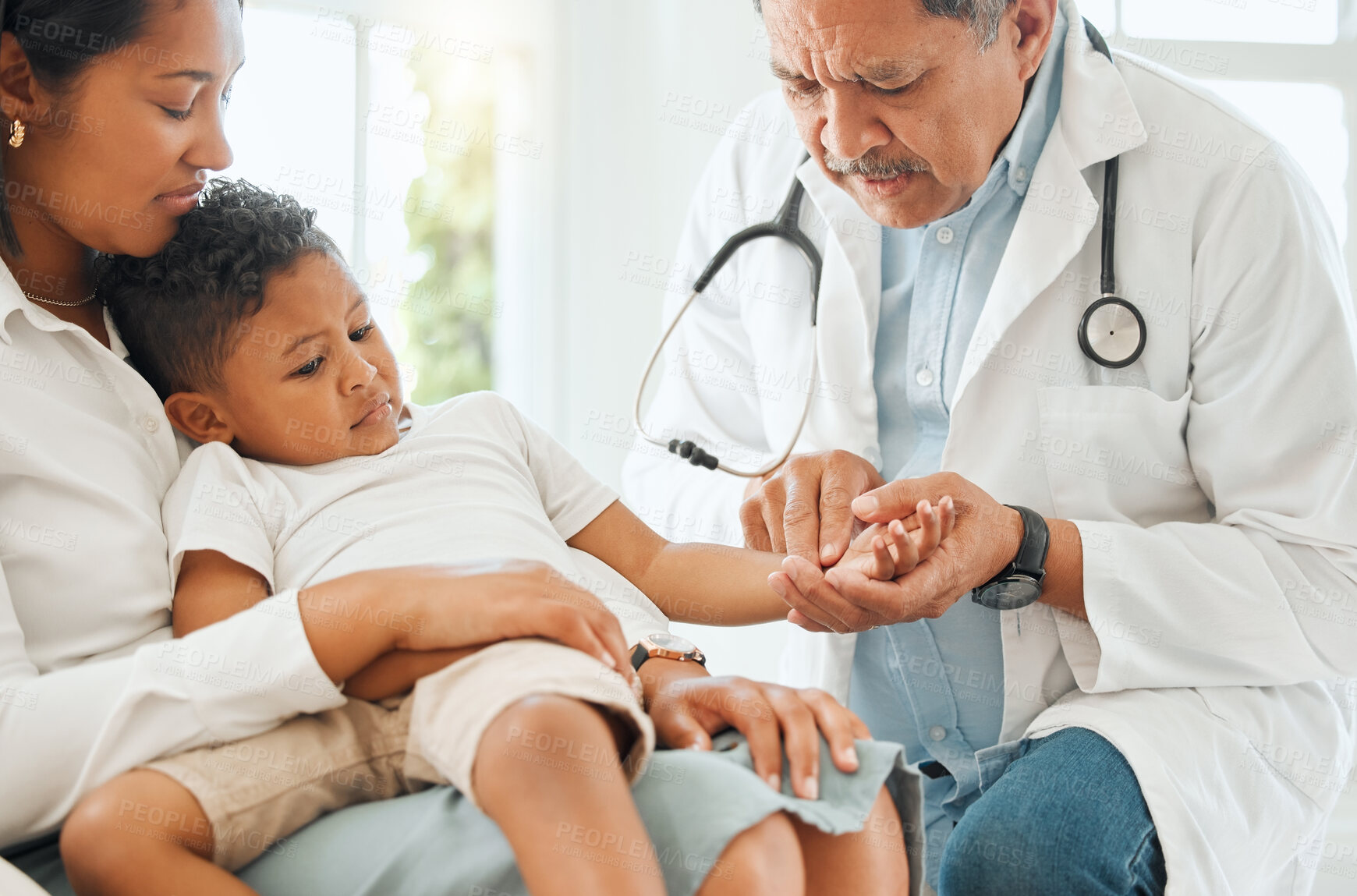 Buy stock photo Mother, child and doctor with checkup for pulse, exam or test on health, flu or symptoms at home. Mom, kid or young son with cardiologist for consultation, medical care or visit on heart beat or rate