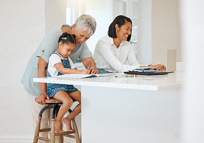 Buy stock photo Shot of a young girl getting help from her mother and grandma while doing her homework at home