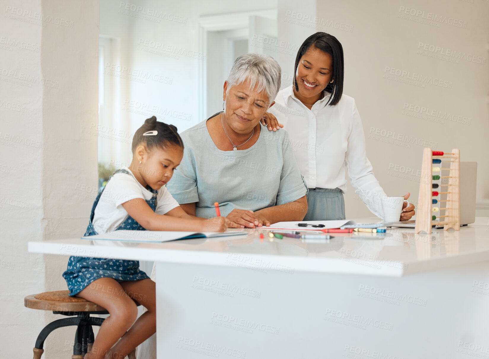 Buy stock photo Homework, grandma and mother with child for education, learning and cognitive development in kitchen. Mom, senior woman and girl with book for help, teaching and assistance for math lesson in house