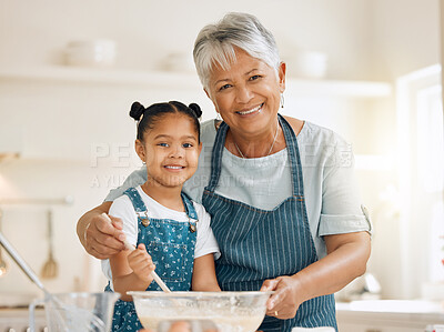 Buy stock photo Grandmother, portrait or child baking in kitchen as a happy family with young girl learning cookies recipe. Mixing cake flour, development or grandma smiling, helping or teaching kid to bake at home