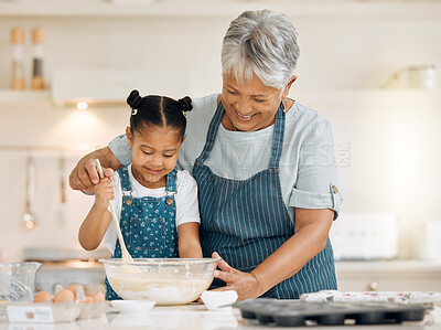 Buy stock photo Bake, grandmother and girl with ingredients, learning and development with utensils, food or love. Family, granny or female grandchild in a kitchen, dough or teaching skills with happiness or bonding