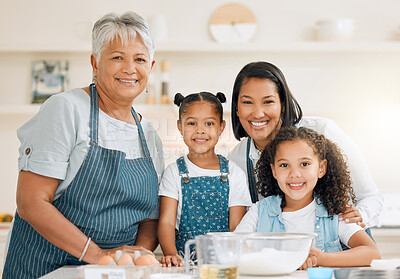 Buy stock photo Portrait of grandmother, mom or kids baking in kitchen as a happy family with siblings learning cooking skills. Cake, parent or grandma smiling or teaching children to bake with at home together